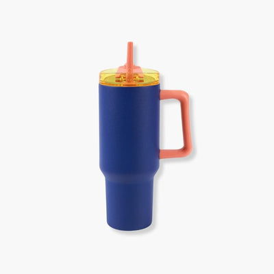 Termo taza aislante azul de 1200ml IDRINK con asa y tapa antisalpicaduras.