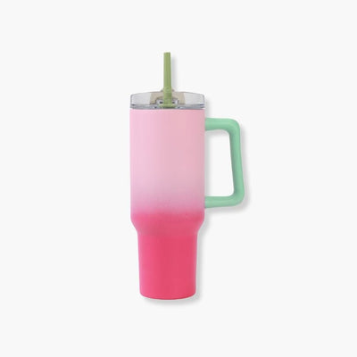 Termo Taza aislante 1200ml IDRINK rosa degradado con triple pared, tapa antisalpicaduras, y pajilla reutilizable de silicona.