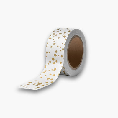 Cinta Decorativa Washi Tape blanca con dorado, diseño moderno de manchas irregulares, 1.5 cm x 10 m.