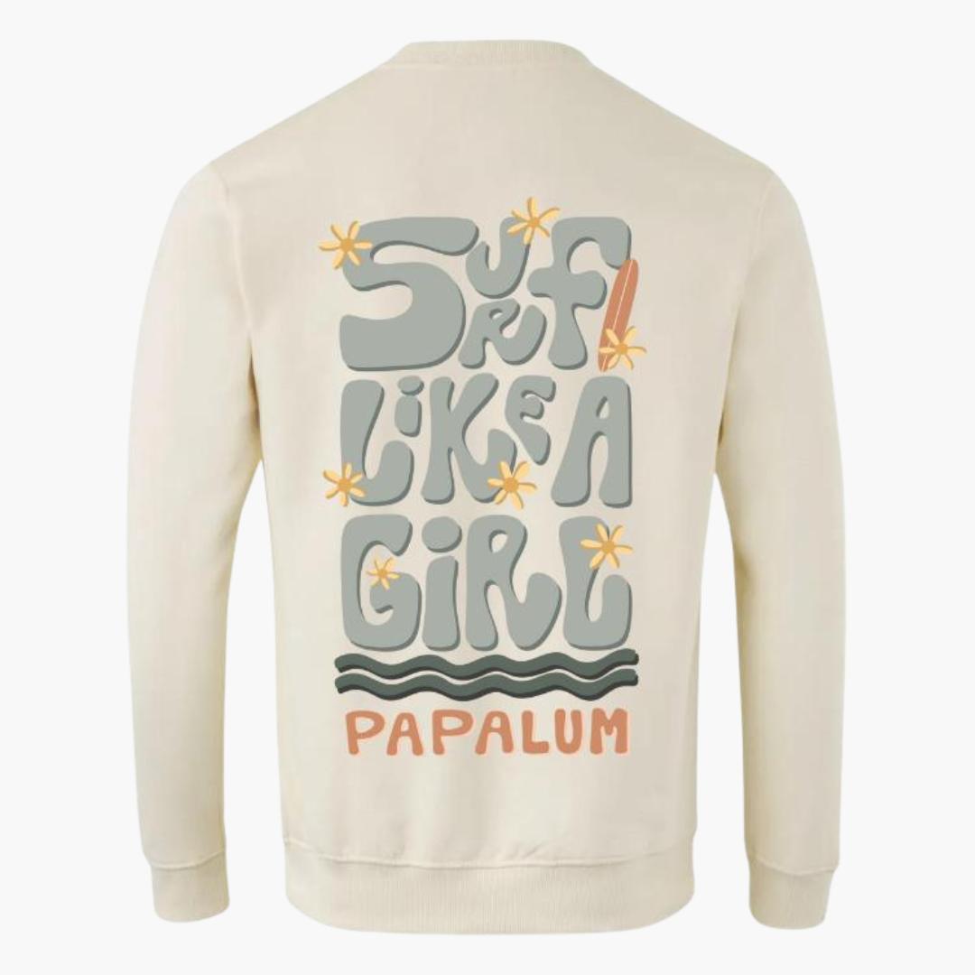 Sudadera PAPALUM Surf Like a Girl color ivory con estampado "Surf Like a Girl" en tonos pastel y logotipo discreto.