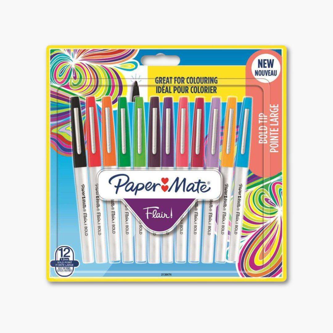 Set de 12 rotuladores Papermate Flair Bold con punta ancha, colores vibrantes y tinta a base de agua, ideal para colorear y escribir sin manchas.