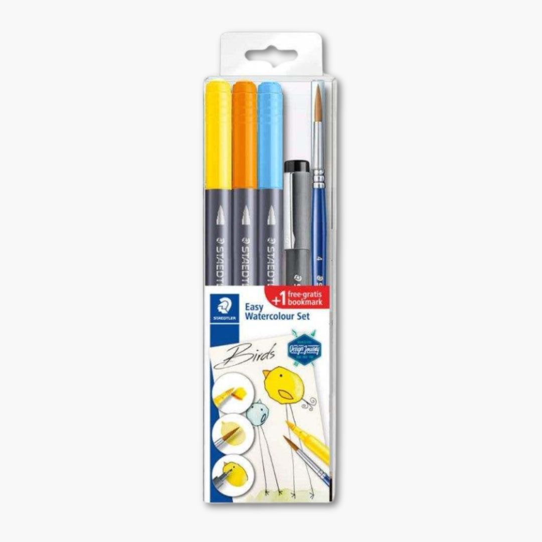 Set Rotuladores Watercolor Brush Staedtler Easy para principiantes, incluye rotuladores de doble punta, pincel y delineador negro, Set Birds.