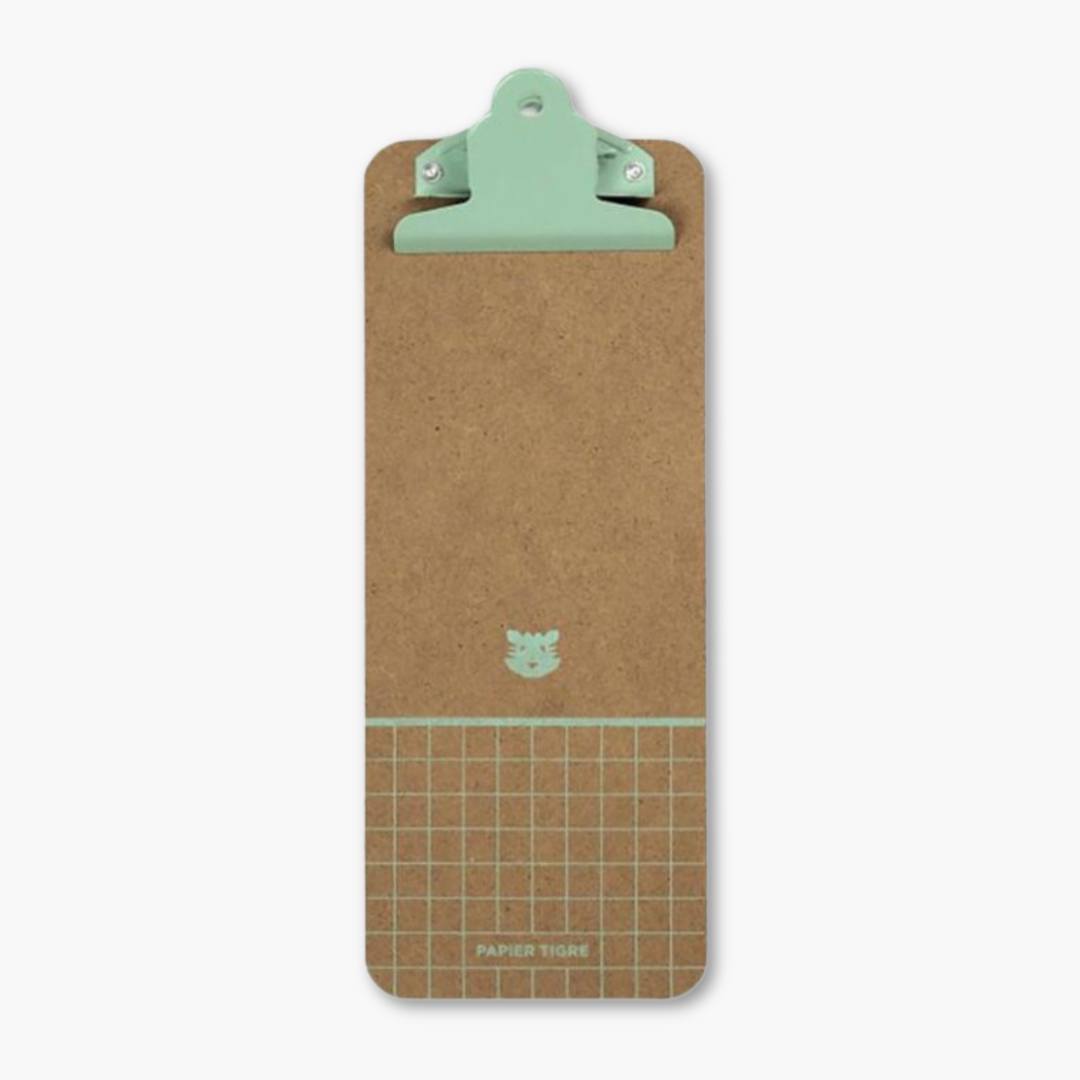 Clipboard Papier Tigre MDF wood with mint metal clip, elegant and durable design.