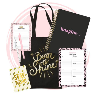 Imagine Box 01 gift set with stationery and accessories, including a black notebook, pastel pen, notepads, and a fabric tote bag with gold lettering.