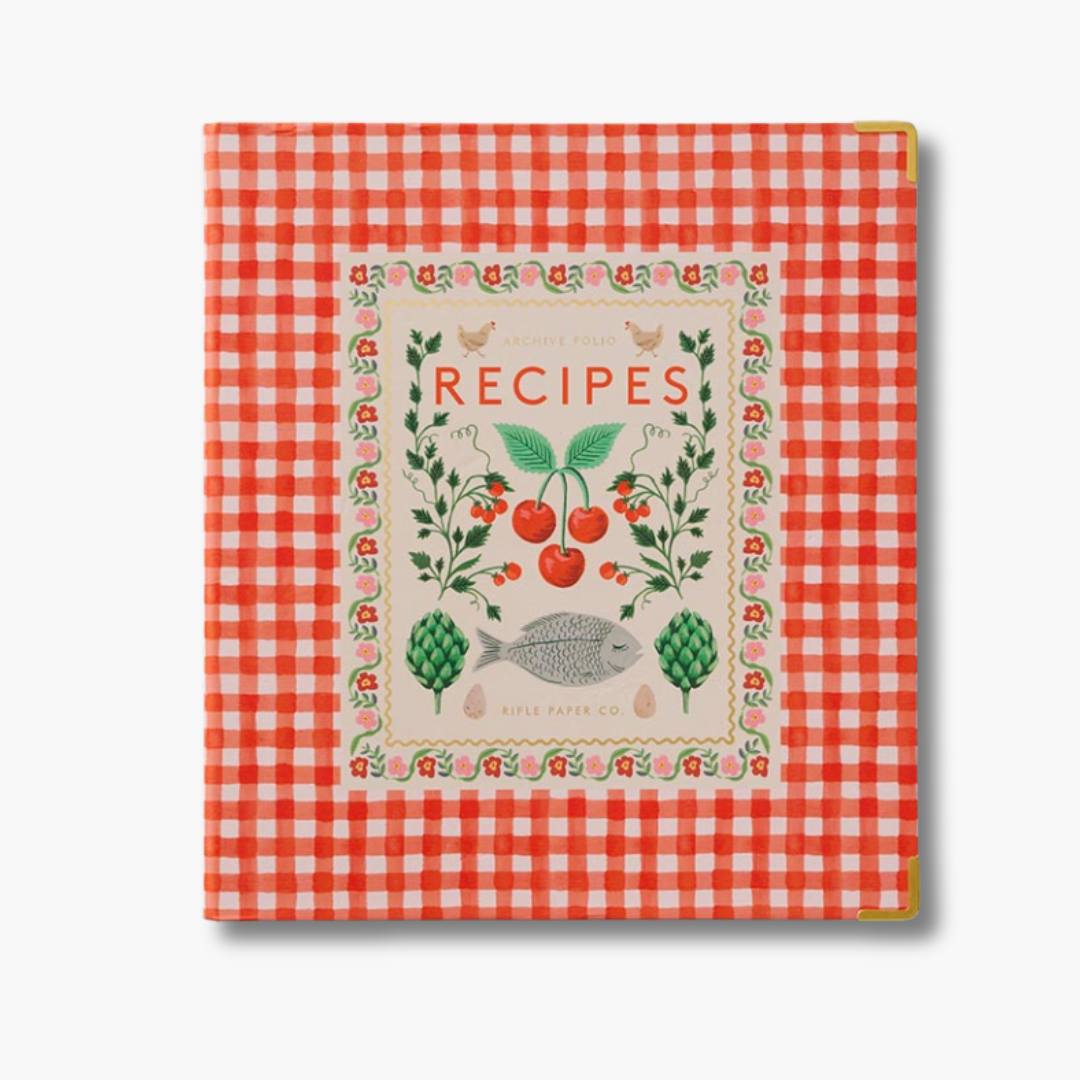 Recetario Cherry Farm con ilustración de cerezas, diseño de Rifle Paper Co.