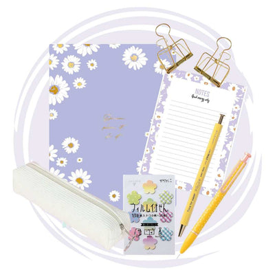 Imagine Box 05 Billy Paper stationery gift set with notebook, notepad, zippered case, yellow pen, mechanical pencil, gold clips, and flower stickers.