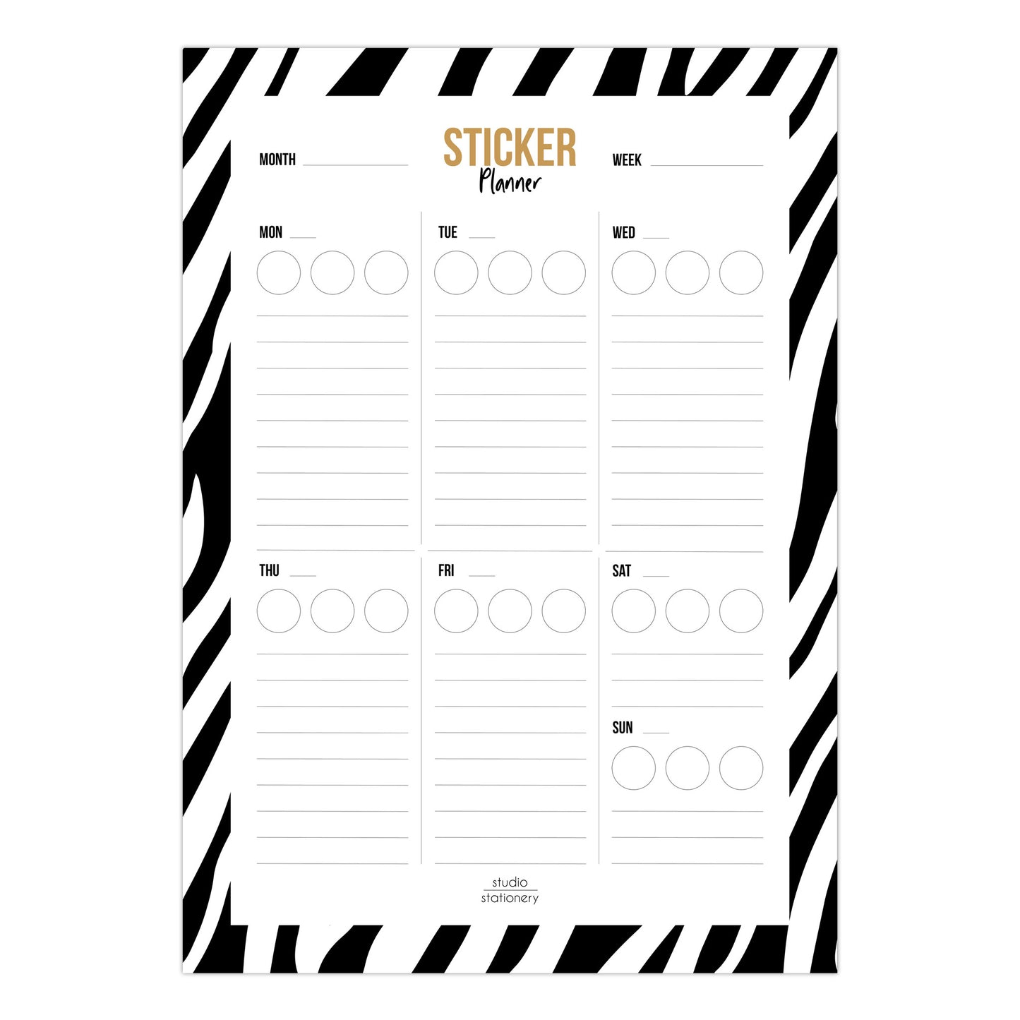 Planner Semanal Sticker Zebra con diseño compacto A5, alta calidad, organización eficiente, durabilidad y portabilidad.