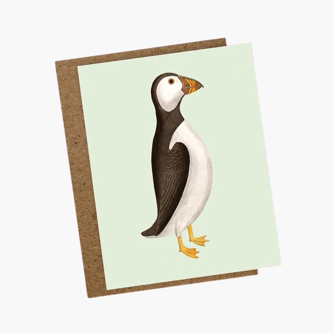 Tarjeta de felicitación con diseño de pingüino en fondo neutro, formato A6, papel ecológico, sobre kraft.