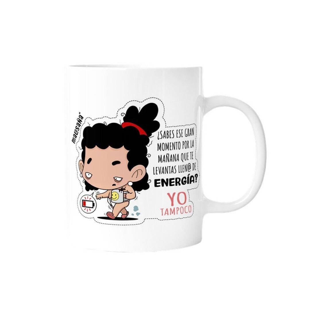 Taza Energía con diseño divertido, capacidad 360 ml, apta para microondas y lavavajillas, de cerámica resistente.