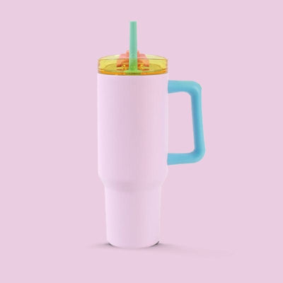 Termo Taza aislante 1200ml IDRINK rosa con triple pared, tapa antisalpicaduras, y pajilla de silicona.