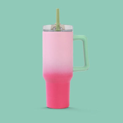 Termo taza aislante 1200ml IDRINK rosa degradado, triple pared, tapa antisalpicaduras, pajilla reutilizable, acero inoxidable.