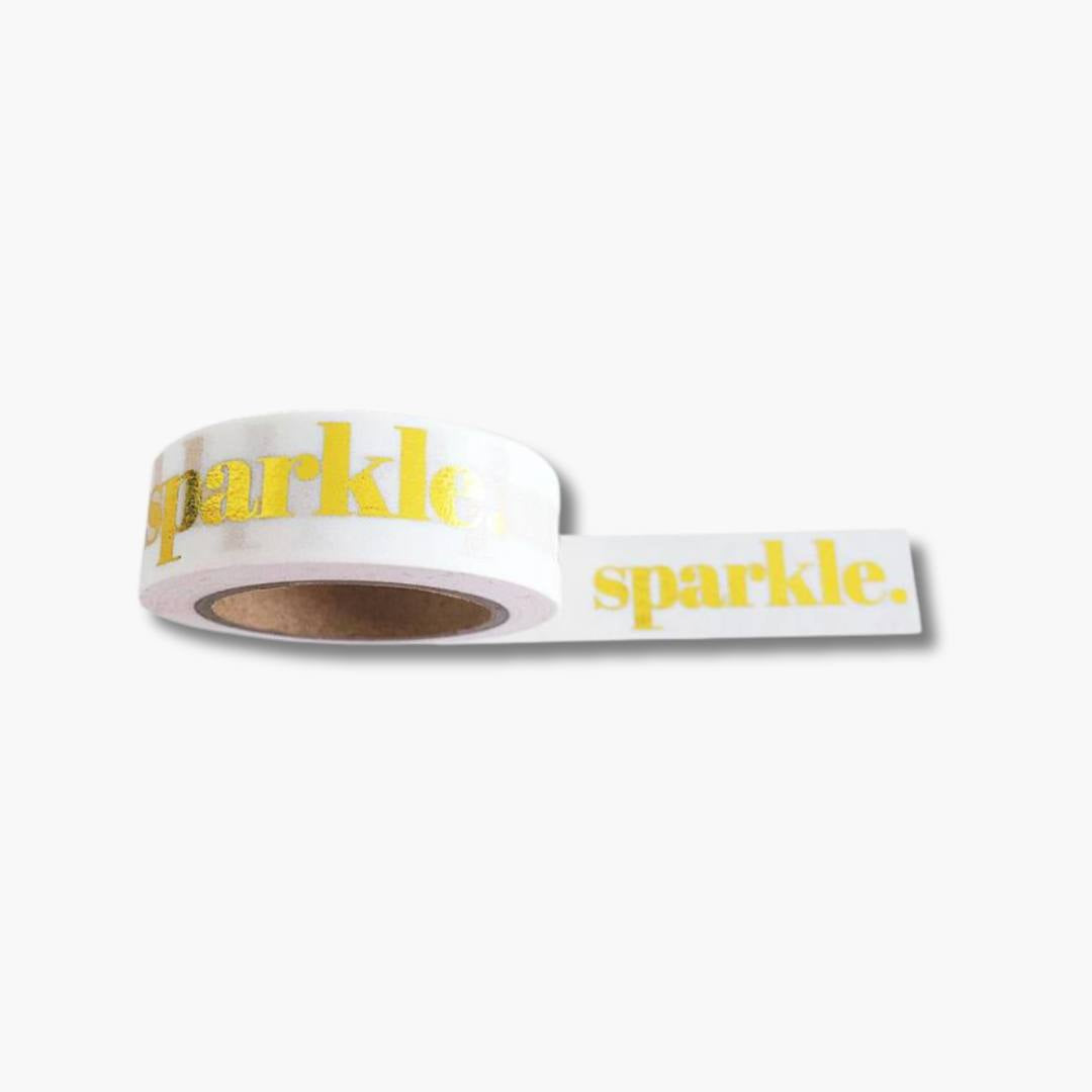 Cinta decorativa washi tape blanco con letras doradas "Sparkle".